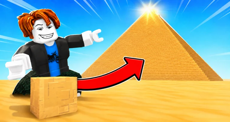 Official promotional thumbnail for the Roblox experience Build the Pyramid!, showing a stepped block pyramid in a desert scene.